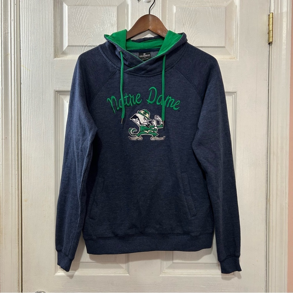 Notre Dame Women's Hoodie Sweatshirt Colosseum Brand Embroidered Navy Green Sz L - Picture 1 of 7